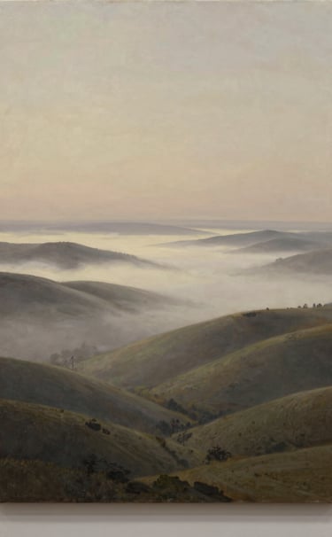 A large-scale landscape oil painting of a rolling valley at dawn. Soft off-white mist clinging to muted olive-grey hills. The sky is a gradient of warm taupe. Captured with professional gallery lighting to show the canvas texture.