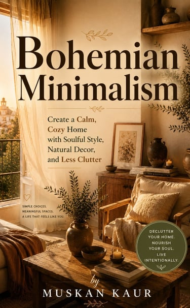 A book cover for Bohemian Minimalism by Muskan Kaur featuring a cozy sunlit room with natural decor.