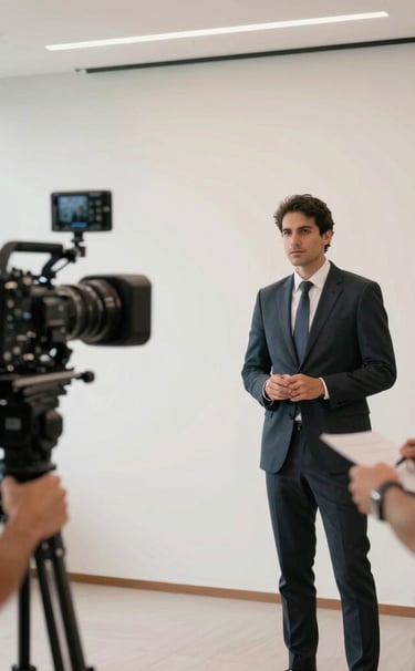 A high-end cinematic shot of a corporate branding video production in a modern Brazilian office. A professional filmmaker is framing a shot of an executive. The composition is clean and minimalist, with sharp focus and professional studio lighting in off-white and deep charcoal tones.