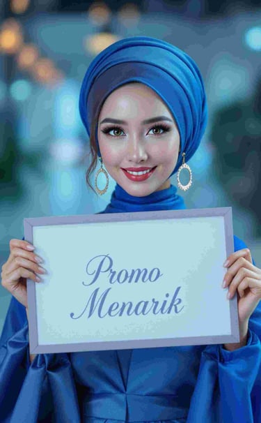 model cantik dengan pakaian biru membawa papan tulisan promo menarik