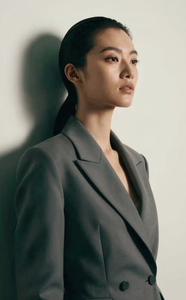 High-fashion editorial portrait of a woman looking away, dramatic lighting from the side casting shadows in #26211F. The background is a clean #F5F4F0 wall. She wears a structured garment in #6B625E. Artistic and elegant mood.