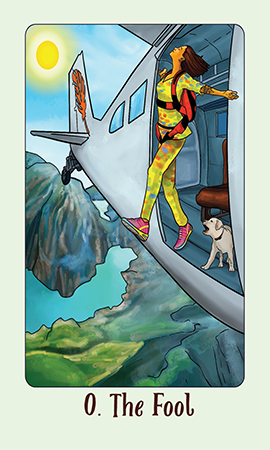 Jasper tarot the fool a woman in a yellow jacket is standing on a plane