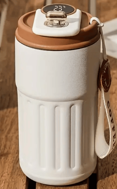 a white trash canister with a clock on it thermos led