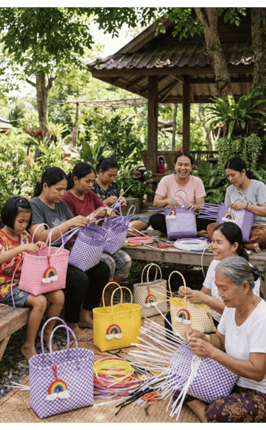 Artisans handweaving jali jali plastic bags in a garden setting using traditional manual techniques at Craftvitas Indonesia.