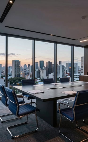 A wide-angle professional shot of a modern South American / Brazilian executive boardroom with a large Dark Slate Grey table, Steel Blue chairs, and a panoramic view of a city skyline at dusk. Elegant and calm atmosphere.