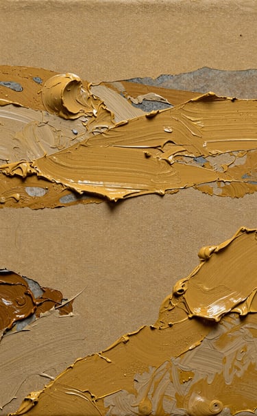 A macro photography shot of an experimental painting by a Northern European / Welsh / British artist. The texture shows thick layers of golden ochre oil paint mixed with slate mist sand, creating a rugged, landscape-like surface under warm, focused studio lighting.