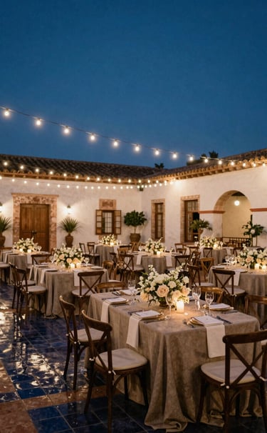 Wide landscape photograph of a luxury wedding reception in a historic Hispanic hacienda courtyard at twilight. String lights reflect in dark midnight blue tiles, tables are set with warm champagne grey linens and cream white flowers, sophisticated atmosphere.