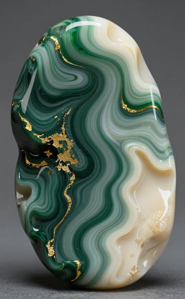 Macro photography of a resin art piece from Series IV, featuring swirling Deep Forest Green and Elegant Cream textures with subtle gold leaf inclusions, reflecting soft studio light.