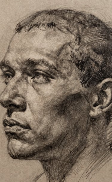 Atmospheric close-up of a charcoal sketch on thick textured paper, showing fine lines and artistic strokes, natural side lighting, earthy tones of taupe and dark brown, International / Western style.