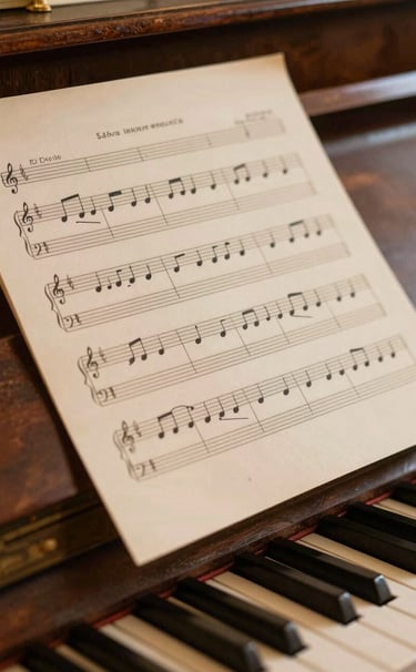 A close-up artistic shot of an original handwritten musical score resting on an aged wooden piano. The lighting is warm and golden (Sabbia tenue #DDCBC0), emphasizing the texture of the paper and the ink, evoking a sense of classical music history and passion.