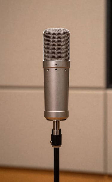 A close-up shot of a high-end vintage studio microphone on a stand. The background features soft sand-colored acoustic panels. The lighting is warm and inviting, suggesting a high-end recording session.