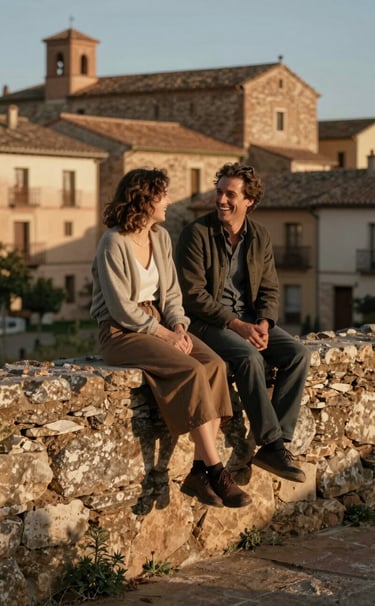 A vertical, candid shot of a couple sitting on an old rustic stone wall in an Iberian village. They are laughing naturally, looking at each other. Soft, late afternoon sun casts long shadows. Natural cinematic lighting, earthy tones of terracotta and brown in the background architecture.