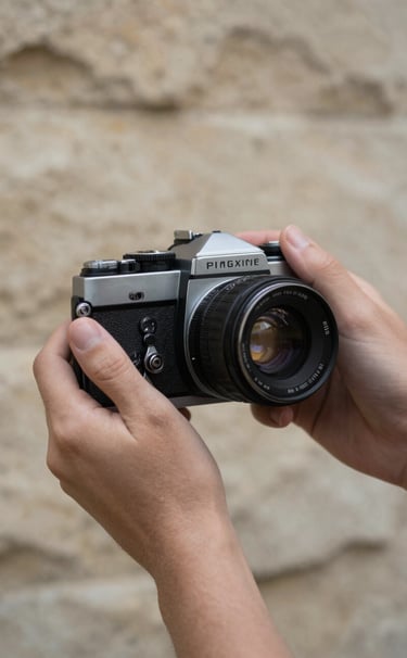 Artistic detail shot of hands holding a vintage 35mm camera, deep #262626 textures against a warm #F5F0E1 stone wall. Soft, natural lighting capturing a sense of nostalgia.