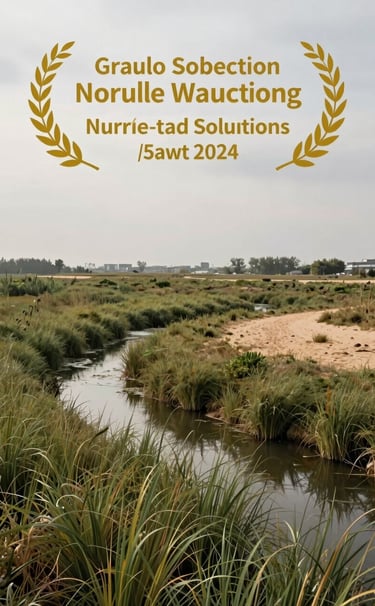 Wide angle landscape photography of an urban wetland project, showcasing nature-based solutions with native grasses and water channels, muted olive green and warm sand tones under an overcast sky.