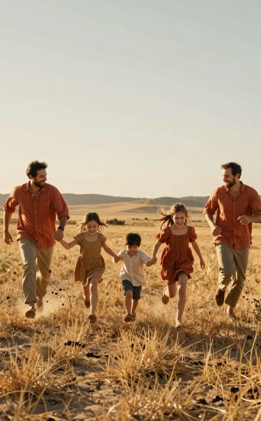 A wide-angle candid shot of a happy family running through a sun-drenched field in a North American / US rural setting. The lighting is golden and warm, highlighting soft sand and terracotta tones in their linen clothing. Cinematic grain and a sense of movement and authentic joy.