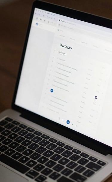 Close-up photography of a professional laptop screen showing a sleek web application dashboard with muted navy and white interface elements, elegant minimalist design.