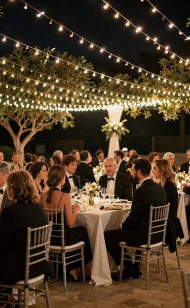 Wide shot of a Spanish wedding reception at night, elegant outdoor lighting with soft gold fairy lights, guests in black-tie attire, deep grey and off-white accents.