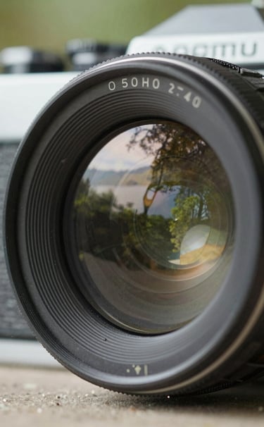 Close-up of a vintage 35mm film camera lens reflecting a South American / Brazilian landscape with soft olive green tones and pristine off-white light highlights.
