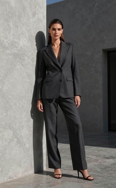 A professional video thumbnail showing a fashion model posing in a minimalist South American architectural setting, sharp shadows, elegant lighting, cloud grey and dark charcoal palette.