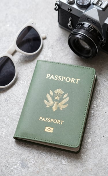 A top-down aesthetic shot of a travel kit: a sage green passport holder, mist white sunglasses, and a vintage film camera on a soft silver stone surface. Sharp focus, clean and professional.