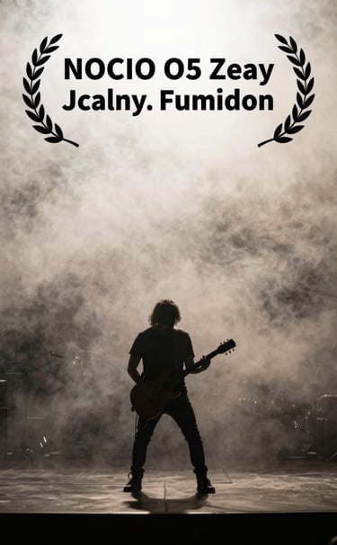 A wide-angle, atmospheric photo of a guitarist's silhouette playing on a dimly lit stage, with soft alabaster white stage smoke and deep obsidian black shadows.