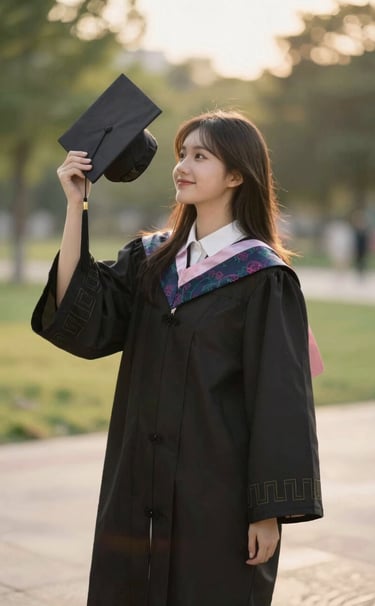 A photography portrait of a high school senior girl in a graduation gown, holding her cap and looking toward the horizon with a joyful expression. Outdoor setting in a North American park during golden hour. The composition is a medium shot with a creamy bokeh background. Tones of dark chocolate and cream.