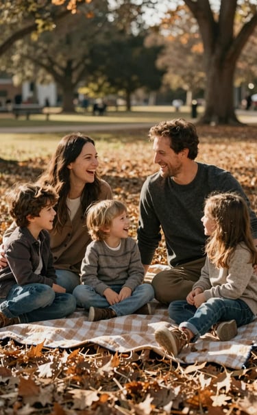 A joyful North American / US family of four sitting on a picnic blanket in a sun-lit park. Authentic, candid laughter and interaction. The father wears a Charcoal sweater. The scene is bathed in warm, cinematic light. Storytelling atmosphere with Muted Brown autumn leaves.