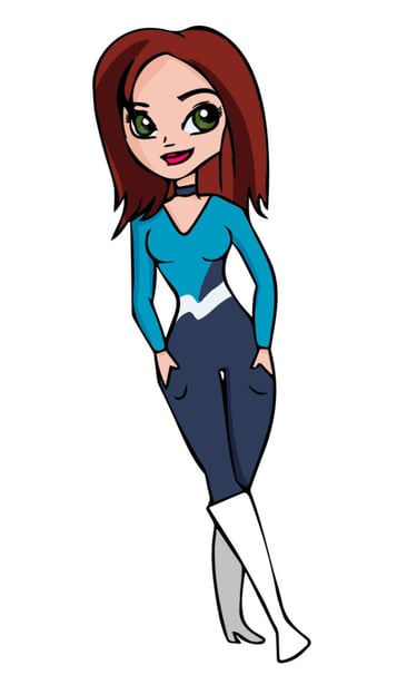 Cartoon illustration of Pitstop mascot character with red hair wearing a blue and navy suit.