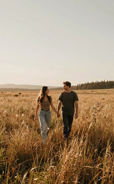 A cinematic wide-angle photograph of a couple walking through a sun-drenched meadow in the Pacific Northwest, North American / US. Soft warm light of the golden hour glows through tall grasses. Authentic, candid interaction with warm tones of terracotta and soft sand throughout the environment.