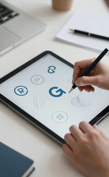 Close-up of a designer's hands sketching logo concepts on a tablet in a bright International / Western creative space. The scene features a clean aesthetic with Dark Slate Navy and Pale Blue accents.