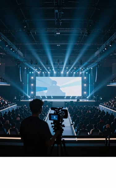 A wide, low-angle shot of a massive esports arena stage, illuminated by cinematic lighting in #4A6075 and #8EA7BF, showing a silhouette of a camera operator in the foreground.
