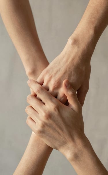 Close up of two hands gently intertwined against a neutral linen background, sun-drenched golden hour light, soft focus, warm #F8F5EF and #C8B6A6 tones, intimate and authentic photography style.