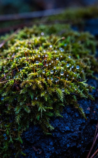 An artistic macro photograph of a North American / US forest floor. Tiny dew drops rest on vibrant green moss, with dark navy and steel blue shadows creating depth. The lighting is soft morning sunlight, showcasing high detail and a professional nature-focused style.