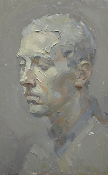 A detailed texture shot of an oil painting with heavy impasto brushstrokes. The colors include muted #C8C0B2 and #F9F8F7 highlights. The mood is contemplative and tactile, with soft shadows defining the ridges of the paint.