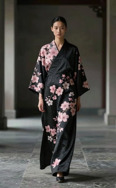 A full-length cinematic shot of a model in an East Asian / South Asian influenced for a global luxury audience minimalist architectural space, wearing a contemporary silhouette made of Sa-Koi textiles. The garment features soft cherry blossom pink highlights against a charcoal black base. The lighting is editorial and moody.