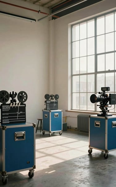 Cinematic wide shot of a high-end film production studio in the US, soft morning light pouring through large windows, slate blue equipment and off-white walls, sophisticated and professional composition.