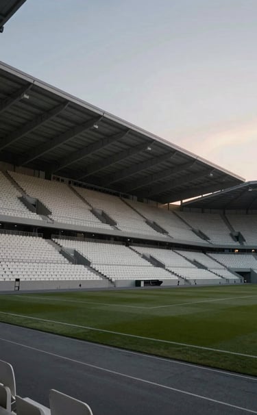 Cinematic wide-angle shot of a minimalist, empty Northern European football stadium at twilight. The architecture is sharp and modern. The color palette is dominated by charcoal and off-white tones.
