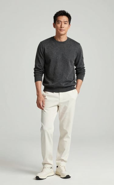 Full-length photography of a professional actor in a bright, modern studio in the US. The composition is clean and minimalist, featuring a contemporary casual outfit in charcoal and off-white. The lighting is soft and even, highlighting a versatile and professional persona.