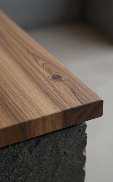 Macro photography detail of premium sustainable wood grain and dark slate grey stone, soft professional lighting in a modern Central European / German studio environment.