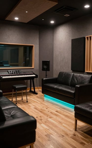 A wide, cinematic shot of a professional music recording studio in Bogotá, Colombia. Dark slate grey acoustic panels, deep black furniture, and subtle neon cyan LED strips accenting the floor.
