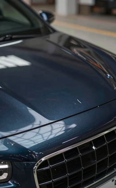 A close-up 'Before' shot of a sharp dent on a luxury car's deep navy metallic hood, reflecting overhead garage lights showing distortion in the metal.