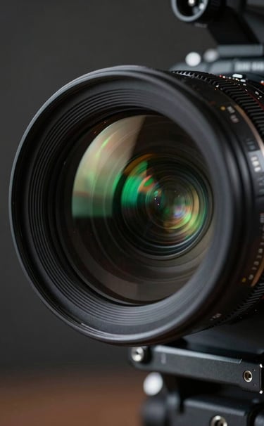 Extreme close-up of a professional cinema camera lens reflecting a dark, technological environment. Subtle neon green light glows from the side, emphasizing precision and high performance. South American creative studio setting, cinematic atmosphere.