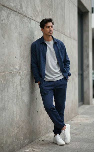 Full body shot of a stylish man leaning against a concrete wall in a South American urban environment, wearing modern streetwear in shades of dark blue and light gray, cinematic lighting.