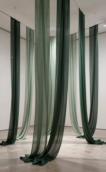 A wide-angle artistic photograph of a large-scale sculpture installation. Ethereal sheets of dark forest green and pale sage silk are suspended from the ceiling, creating a rhythmic, flowing pattern of organic shapes in a clean, off-white gallery space.