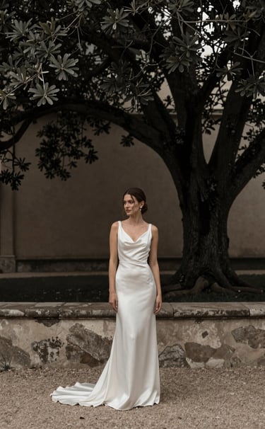A full-length vertical photograph of a bride standing in a North American / European classical garden. She wears a minimalist off-white silk gown. The background features dark charcoal shadows under large oak trees and muted taupe stone walls. The lighting is soft and diffused.