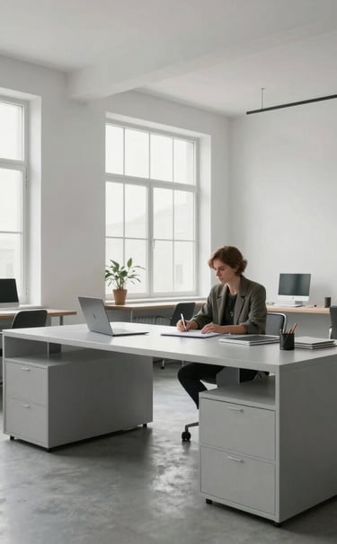 A wide-angle lifestyle shot of a professional creative working in a sleek, minimalist studio filled with natural light. The environment features light gray furniture and large windows. The composition is balanced and clean, embodying an International / Professional style.
