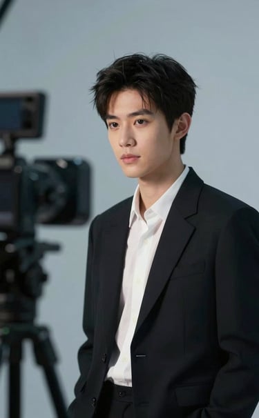 Un actor joven y talentoso durante una prueba de c3mara en un estudio profesional. Iluminaci3n cinematogr3fica suave, fondo neutro elegante con sombras art3sticas. El estilo es fashion y profesional, incorporando sutilmente tonos #74A8AE en la ambientaci3n.