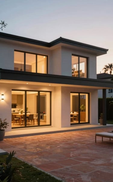 A candid exterior shot of a contemporary home extension at golden hour. The warm glow of the interior lights contrasts with the twilight, highlighting a terrace with terracotta #B85C3D tiles and charcoal #2F4F4F frames.