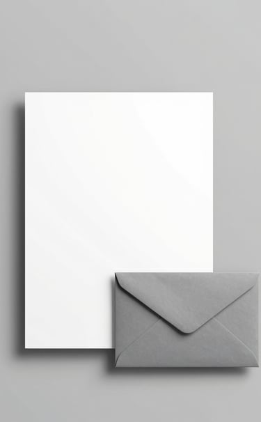 A minimalist composition of brand assets including a letterhead and envelope. The scene is shot from above with a clean, studio lighting. The aesthetic is refined and meticulous, featuring colors #A0A696 and #F8F8F4 in a professional layout.