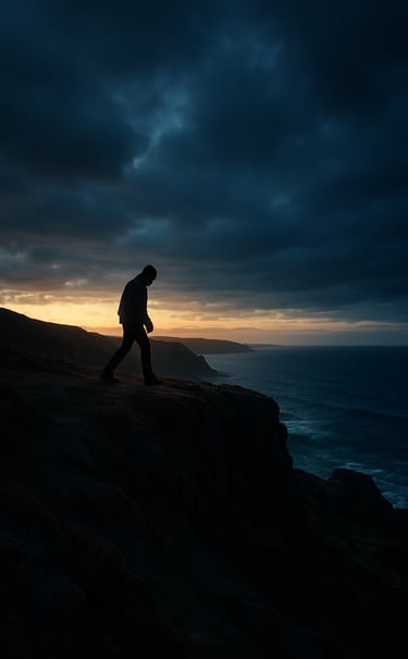 A dramatic landscape shot of a lone figure walking across a coastal cliff at dusk, cinematic low-angle composition, North American / International setting, atmospheric blue and gold lighting.